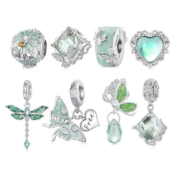 bamoer 1 PC 925 Sterling Silver Butterfly Dragonfly Charm Bead Flower Daisy Green Cubic Zirconia Pendant Fit Women DIY Bracelet Necklace Fine Jewelry Valentines
