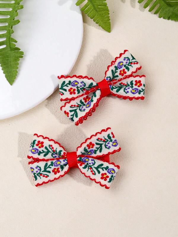 2pcs Toddlers Girls Hair Bow Clips ,Littel Flower Embroidered Print Hairpins ,Satin Ribbon Alligator Clips ,Kids Hair Accessories