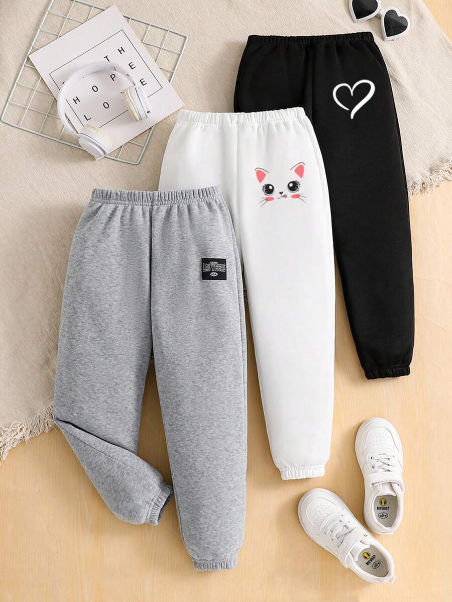 3pcs Young Girls Cartoon Print Jogger Pants Set