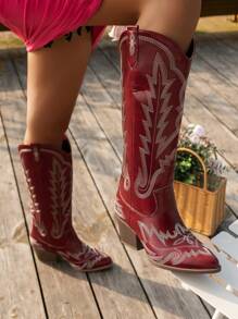 Damen Modische Slip-On Kniehohe Stiefel mit Keilabsatz, Stickerei mit einfarbigen Motiven