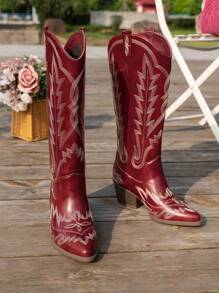Damen Modische Slip-On Kniehohe Stiefel mit Keilabsatz, Stickerei mit einfarbigen Motiven