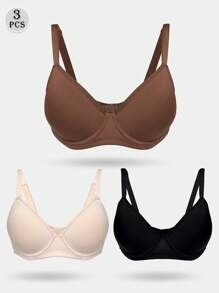 3入組簡約純色鋼圈內衣，舒適透氣推進內衣，女性內衣和內褲