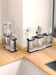 1pc Black Chopsticks Holder With Tray, Cutlery Drying Rack, Kitchen Utensil Organizer, Tableware Drainer, Countertop Storage Rack, Kitchen Accessory - Black - View 11