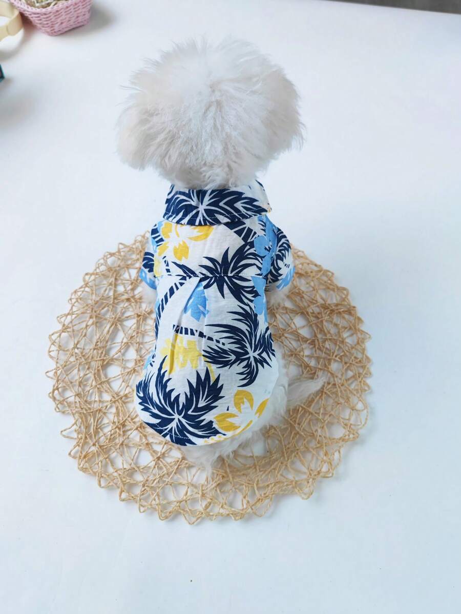 椰樹印花狗襯衫，度假風格 - 藏蓝色 - 查看 1