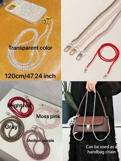1pc 1.2m Fashionable Multi-Color DIY Crystal Bead Necklace Chain, Compatibility With Lobster Clasp, Suitable For Phone Case, Crossbody Bag Strap, Lanyard - Pink, Purple, Red, Gray Gifts For Mother, Family, Friends, Birthday, Holiday Phone Charm, Phone Chain