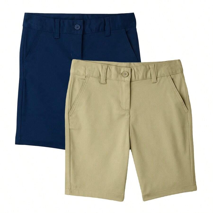 Boys Flat Front Stretchable Twill Chino Uniform Shorts (2-Pack) - 海軍藍 & 卡其色 - 查看 1