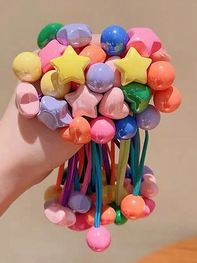 6pcs/20pcs 0-14 Years Old Girls Multicolor Cute Beaded Heart Flower Star Hair Ties Elastic Double Strand Non-Damaging Hair Bands Ponytail Holders Sweet Daily Hair Accessories