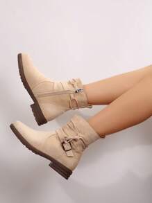 Women's Fashionable Casual 3cm Low-Heel Vintage Round-Toe Matte  Boots, Western Style Side-Zip Short Boots For Travel, Vacation And Walking - Beige - View 3