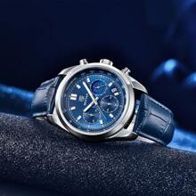 BENYAR 2024新款運動計時石英不銹鋼潛水手錶，30ATM防水皮革錶帶男士商務石英手錶 - 銀色 - 查看 3