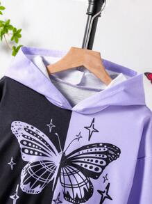 Tween Girl Spring/Autumn Purple Butterfly Pattern Hoodie And Sweatpant Set, Casual Style - Purple - View 3