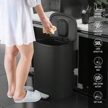 Curved Surface 13 Gallon 50L Kitchen Foot Pedal Operated Soft Close Trash Can - Stainless Steel Rectangular Bustbin With 30 Garbage Bags - BLACK