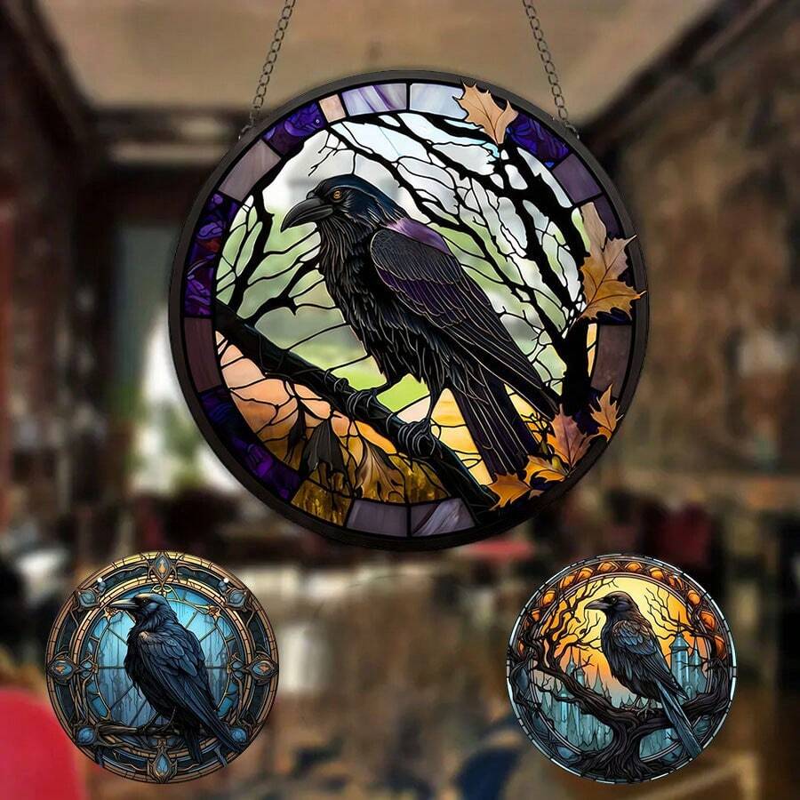 1pc 5.9'' * 85.9'' Colorful Glass Style Acrylic Bird Suncatcher - Colored Crow & Halloween Raven Design - Gothic Window Hanging Decoration - Perfect Gift For Bird Lovers And Housewarming - Multicolor - View 1
