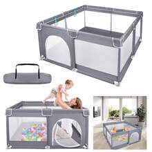 LILIIN Baby Playpen With Baby Fence Barrier Net Breathable Ball Pit 127x127x68cm / 150x180x68cm / 180x200x68cm - Grey - 127x127x68cm - View 1