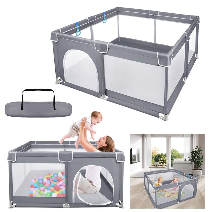 LILIIN Baby Playpen With Baby Fence Barrier Net Breathable Ball Pit 127x127x68cm / 150x180x68cm / 180x200x68cm - Grey - 127x127x68cm - View 1