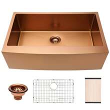 Lordear 30 Inch Undermount Single Bowl Stainless Steel Farmhouse Apron Kitchen Sink With Bottom Rinse Grid,Roll-Up Rack,Basket Strainer - 玫瑰金 - 查看 1