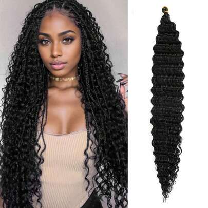 פאה קלועה במסרגה אחת בגלים עמוקים באורך 30 אינץ', פאה קלועה סינתטית מתולתלת במסרגה אחת (30 אינץ', שחור)