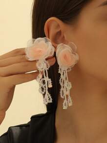 MESTILO 1 Pair Vacation Style Heavily Embellished Chiffon, Bead & Crystal Flower Tassel Earrings, Suitable For Women's Daily Wear And Vacation