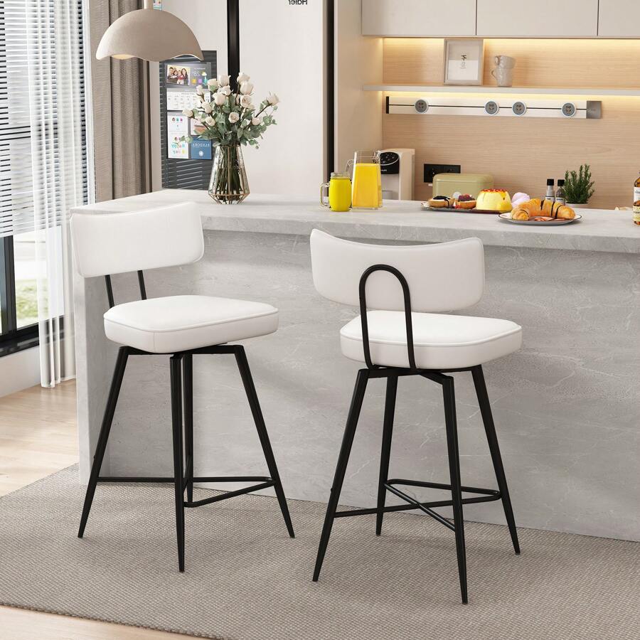 Swivel Bar Stools Set Of 2, 26" Modern Counter Height Barstools, Leather Kitchen Stools With Back Footrest Metal Legs, Bar Chairs For Kitchen Island, Cafes, Dining Room - 白色 - 查看 1