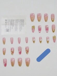 24Pcs Almond Pink Fake Nail Strawberry Decor Sweet Style With Pearl And 3D Butterfly Decorations Artificial Nail For Women Manicure Nail Decoration Handmade Press On Nails - Pink - View 4