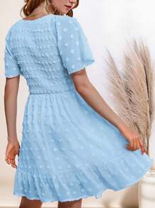 女士V領荷葉袖子瑞士斑點紋A型休閒連衣裙 - 淺藍色 - 查看 2