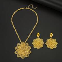 3 pièces/Ensemble Bijoux de luxe de Dubaï pour femmes, gros pendentif, collier, boucles d'oreilles, accessoires de mariage, de soirée, de couleur or jaune, style africain