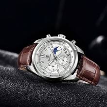 BENYAR 2024新款運動計時石英不銹鋼潛水手錶，30ATM防水皮革錶帶男士商務石英手錶 - 銀色 - 查看 8