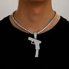 1pc European And American Style Men's Fashion Personality Hip Hop Gun Shaped Pendant Necklace With Full Rhinestones, Suitable For Jewelry Festival Parties