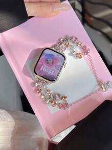 1 Stück Damen rosa Armband mit doppelter Reihe Doppel-Kristallbesatz, handgefertigt, kompatibel mit Apple Watch Armband, alle Modelle 38mm/40mm/41mm/42mm/44mm/45mm/49mm, geeignet für Ultra/SE/S9/8/7/6/5/4/3/2/1, ganzjährig verfügbar, schön, modisch, liebevoll und exquisit