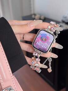 1 Stück Damen rosa Armband mit doppelter Reihe Doppel-Kristallbesatz, handgefertigt, kompatibel mit Apple Watch Armband, alle Modelle 38mm/40mm/41mm/42mm/44mm/45mm/49mm, geeignet für Ultra/SE/S9/8/7/6/5/4/3/2/1, ganzjährig verfügbar, schön, modisch, liebevoll und exquisit