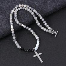 Men's Stainless Steel Tiger Eye Beaded Cross Pendant Necklace - Silver - View 15