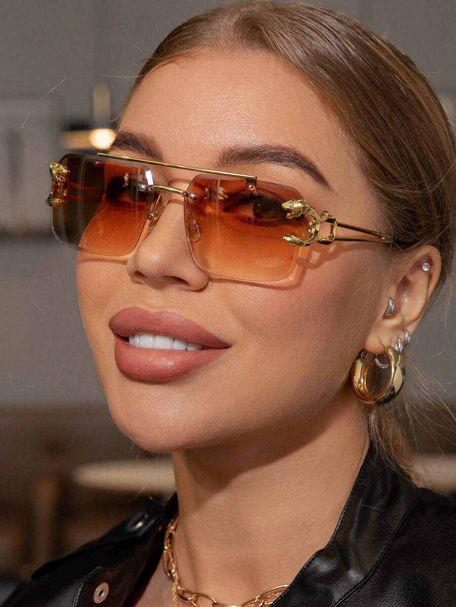 男女通用复古方形飞行员风格无框时尚眼镜，塑料时尚经典装饰，适合户外旅行海滩度假，眼镜 - 彩色 - 查看 1