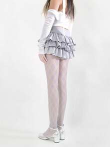 1pc Light Purple Fishnet Floral Hollow Out Stockings For Women, Y2K Fashion - Mauve Purple - View 2