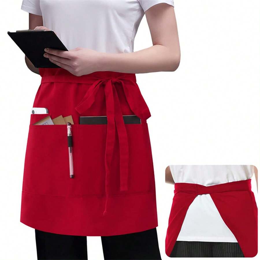 55.88cm Black Server Apron With 3 Pockets, Waterproof Mid-Length Waist Apron For Men & Women, Restaurant/Cafe Waitress/Waiter Uniforms - Multicolor - View 1