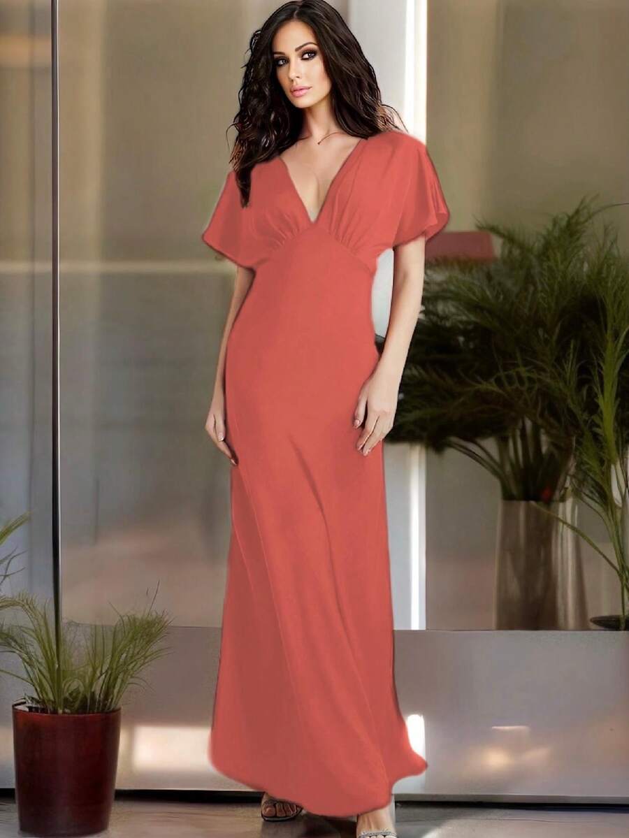 Vestido largo elegante escote cuello profundo manga murciélago casual para mujer - Coral - Ver 1