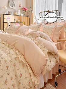 3pcs Korean Style Lace Edge Duvet Cover And Pillowcase Bedding Set (Without Comforter) - Pink - View 4