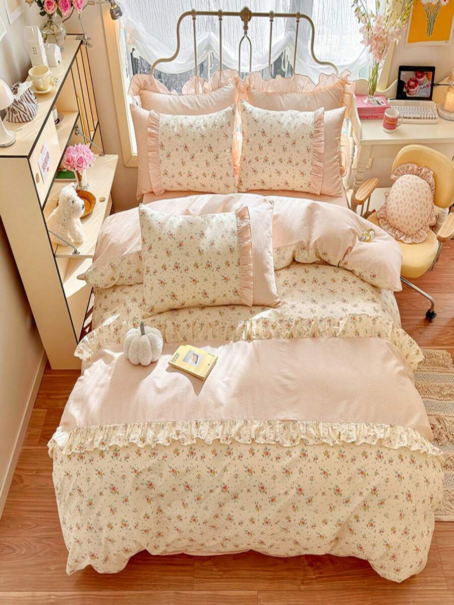 3pcs Korean Style Lace Edge Duvet Cover And Pillowcase Bedding Set