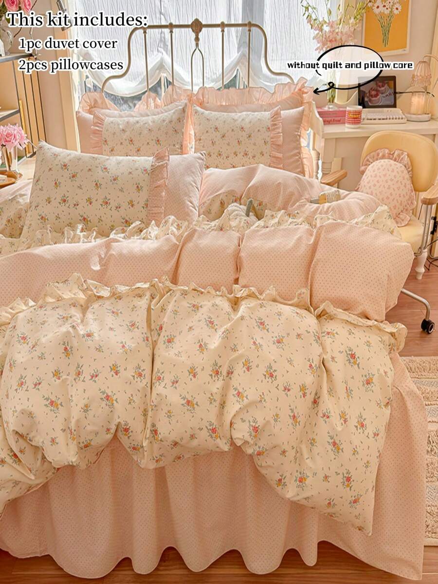 3pcs Korean Style Lace Edge Duvet Cover And Pillowcase Bedding Set (Without Comforter) - Pink - View 1