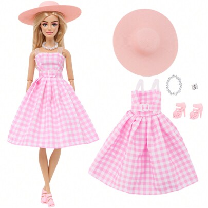 30cm Doll Clothes Pink & White Plaid Dress, Hat, Shoes, Necklace, Bracelet Set, Princess Toy Birthday/Festival Gift (Doll Not Included)