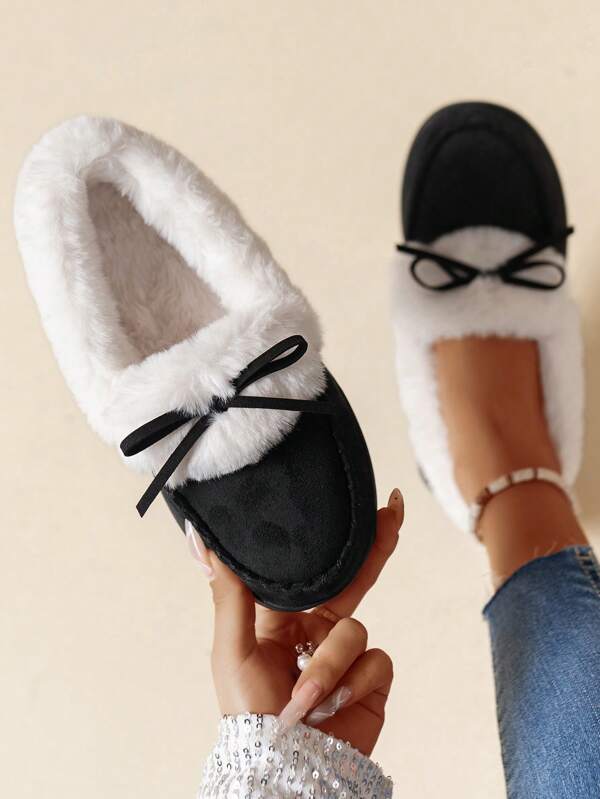 High-Density Memory Foam Indoor Slippers With Long Plush, Bowknot Design, Anti-Slip Sole, Women's Winter Slippers, Ideal For Festival Gift