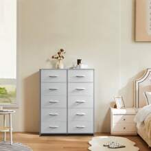 Sweetcrispy Dresser, Tall Dresser For Bedroom, Drawer Dresser Organizer Storage Drawers With 10 Drawers, Chest Of Drawers With Fabric Bin, Steel Frame, Wood Top For Bedroom