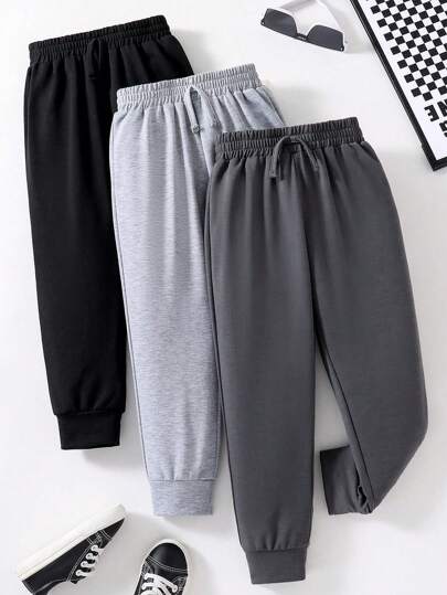 Tween Boy 3-Pack Solid Color Waist Tie-Leg Casual Sports Sweatpants