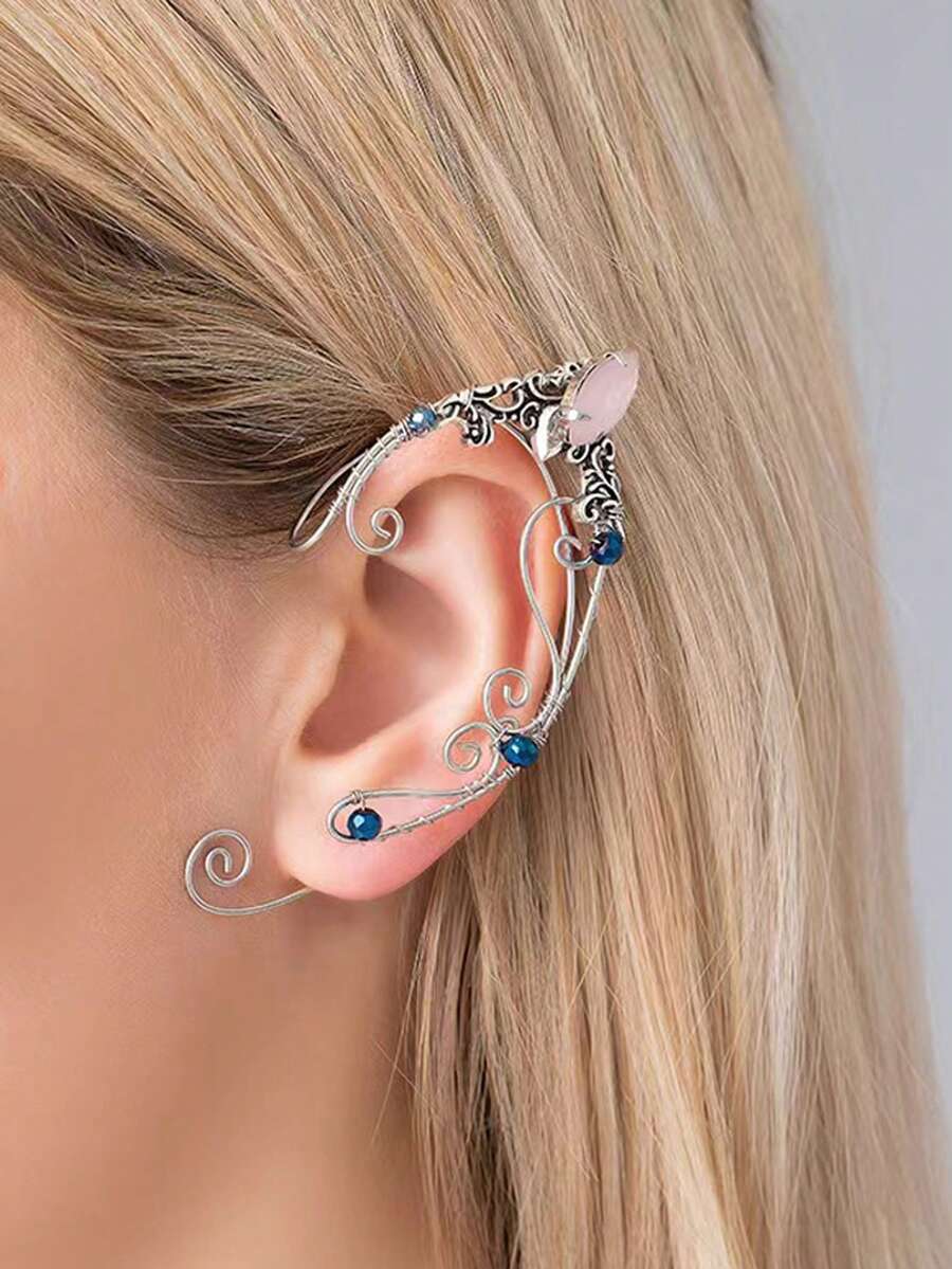 1pc Vintage Copper Rhinestones Handmade Woven Clip-On Earring Without Piercing, Fashionable Style Exaggerated Ear Accessory With Personalized Design And Fantasy Fairy Effects For Women's Banquet Or Performance - No Piercing Ear Hooks - View 1