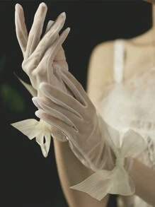1pc Luxurious Bridal Wedding Gloves, Crop Style Mesh Gloves, Pearl & Bowknot Decor, Lace Bridesmaid Dress Accessories, For Wedding Party & Photography, Elegant Romantic Women Lace Gloves, Ivory Valentine's Day Valentines Autumn Accessories