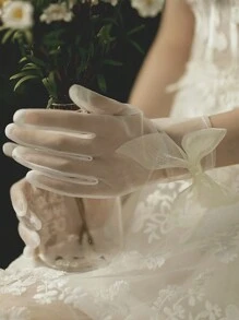 1pc Luxurious Bridal Wedding Gloves, Crop Style Mesh Gloves, Pearl & Bowknot Decor, Lace Bridesmaid Dress Accessories, For Wedding Party & Photography, Elegant Romantic Women Lace Gloves, Ivory Valentine's Day Valentines Autumn Accessories