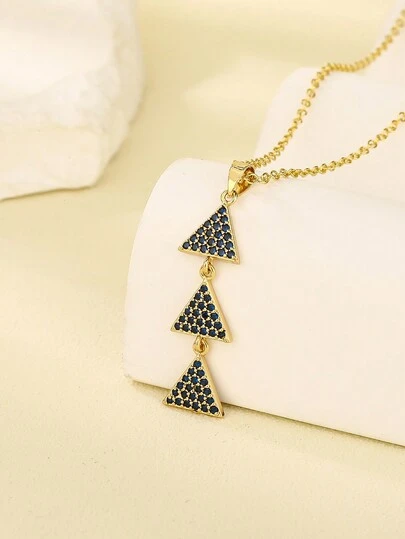 1pc Fashionable Minimalist Copper Gold-Plated Triple Triangle Blue Zirconia Pendant Necklace, Suitable For Daily Wear For Men And Women