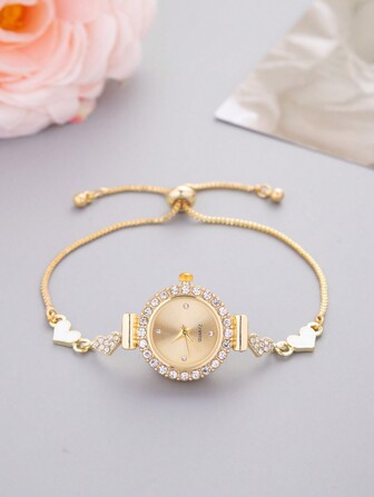 New Fashion Casual Women's Heart-Shaped Bracelet Watch, Lovely Circular Dial With Crystal Studded Luxurious Women's Bangle Quartz Watch Alloy Watch Strap, Perfect Gift As A Gift For Students Returning To School Valentines