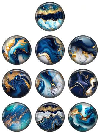 10 pièces Nouveaux motifs d'art de texture bleue et dorée de 12 mm/20 mm/25 mm, 10 pièces Cabochon en verre rond mixte pour démonstration de photo, dos plat pour la création de trouvailles