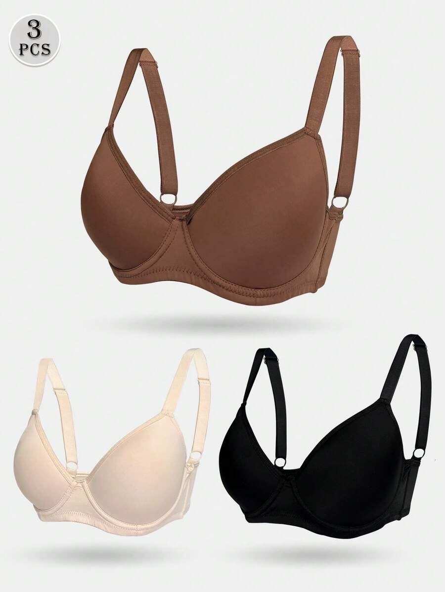 3入組簡約純色鋼圈內衣，舒適透氣推進內衣，女性內衣和內褲