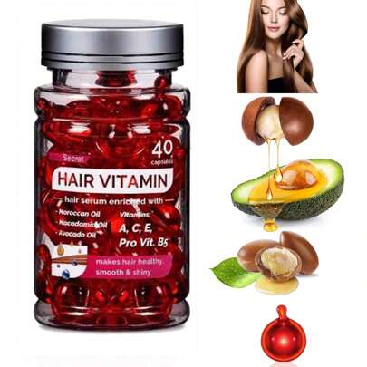 40粒护发精华胶囊，富含维生素A、C、E、Pro、B5、摩洛哥阿甘油和鳄梨油，男女通用，免洗配方，适合所有发质。