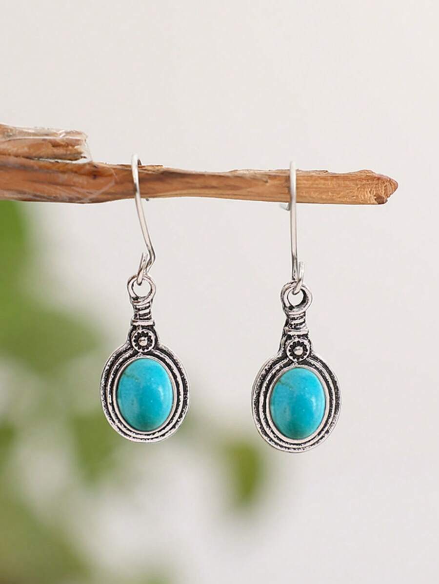 Turquoise Drop Earrings - Silver - View 1